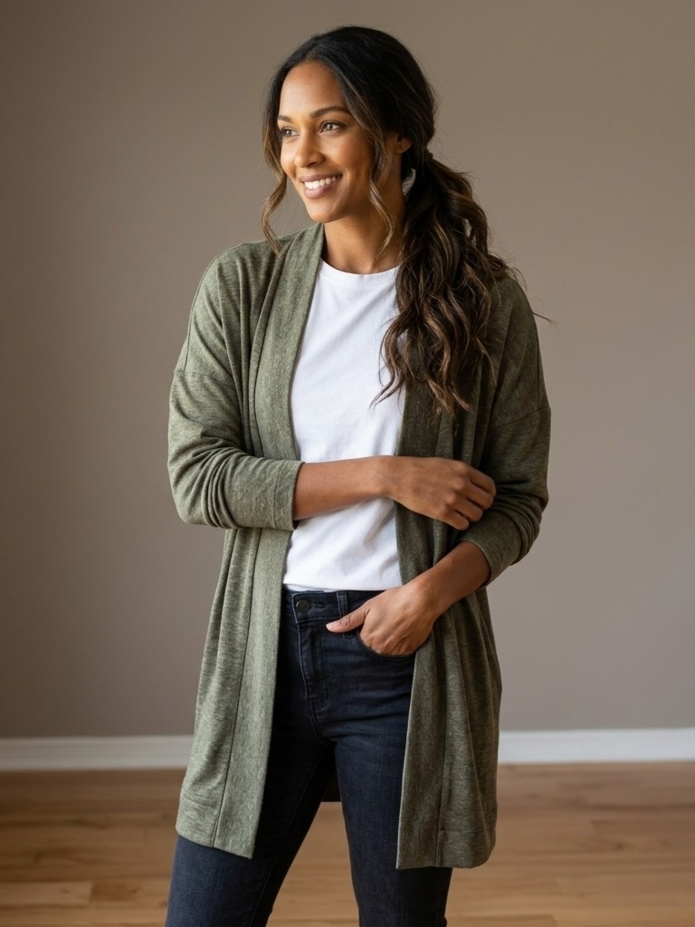 Reitmans Olive Green Open-Front Cardigan
